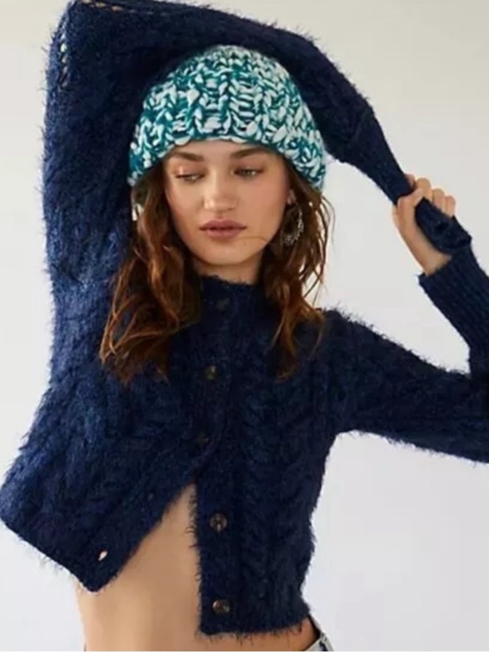 Free People Greta Cropped Fuzzy Cardigan Sweater in Blue Sz XS
